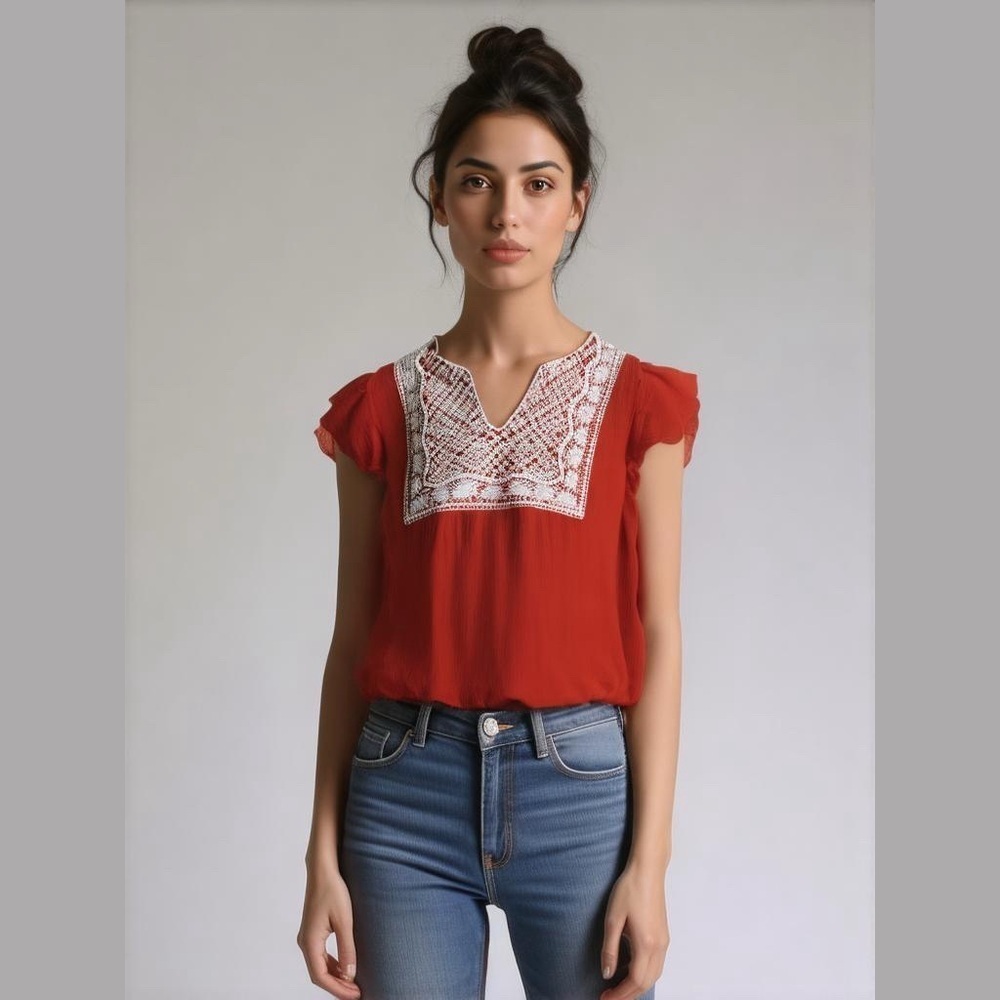Xhilaration Coral Short Sleeve Top Shirt XS Crochet on Front Flutter Sleeve NWOT
